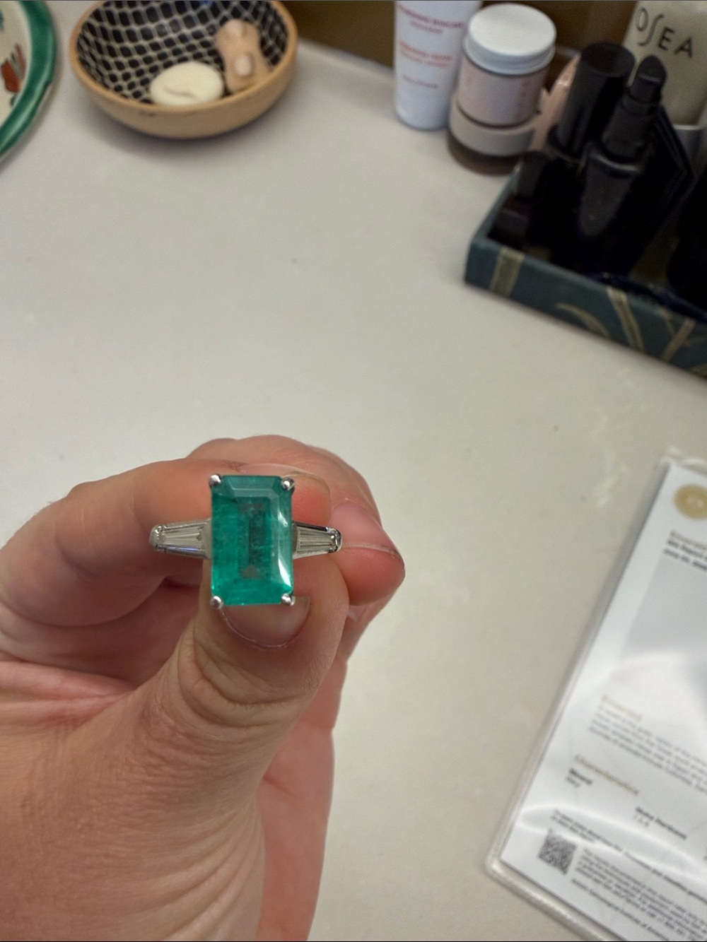 Platinum 2.54 carat Brazilian emerald ring with diamond accents
